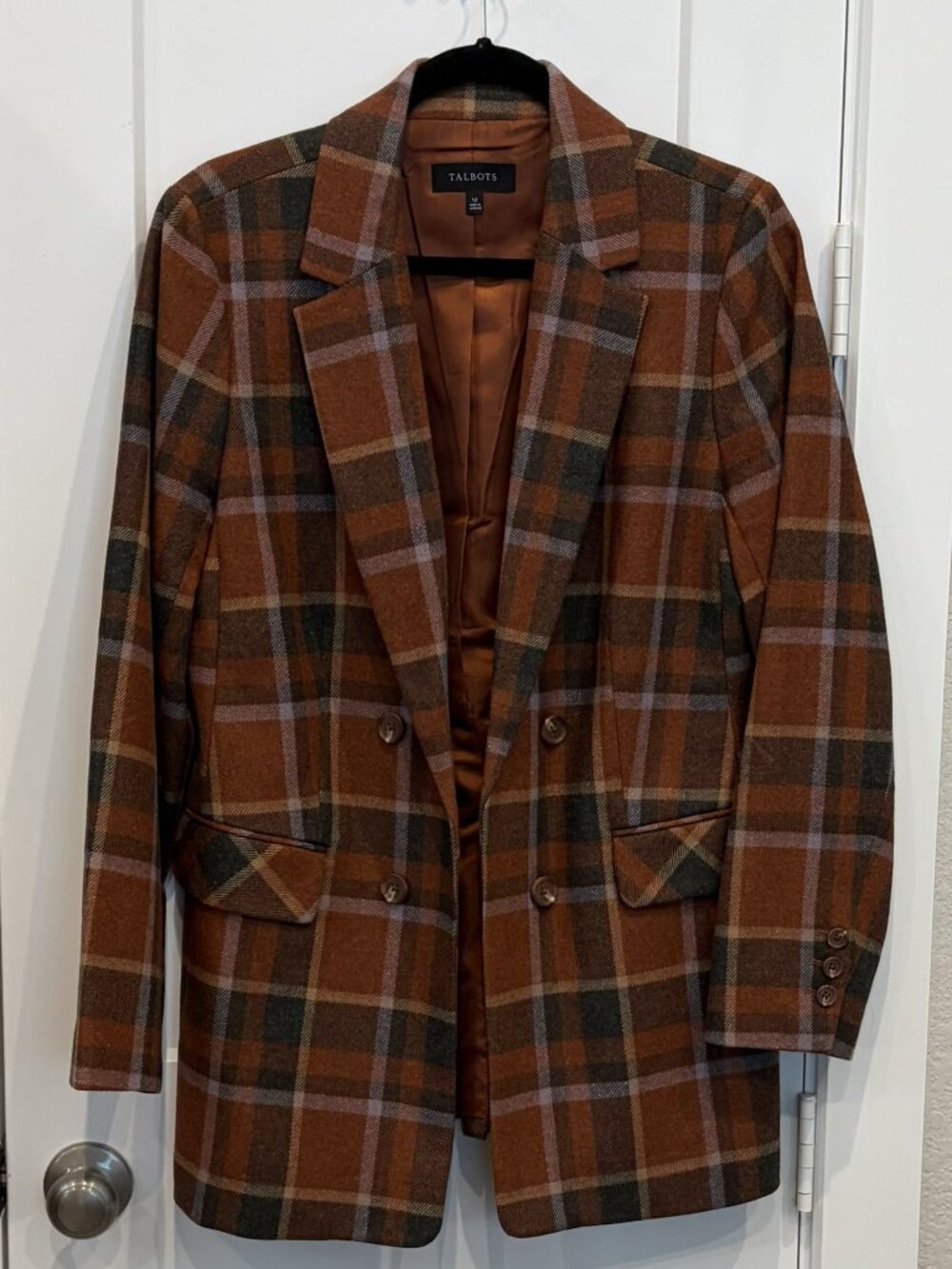 Talbots Brown Plaid Wool Blend Blazer Jacket Size 12
